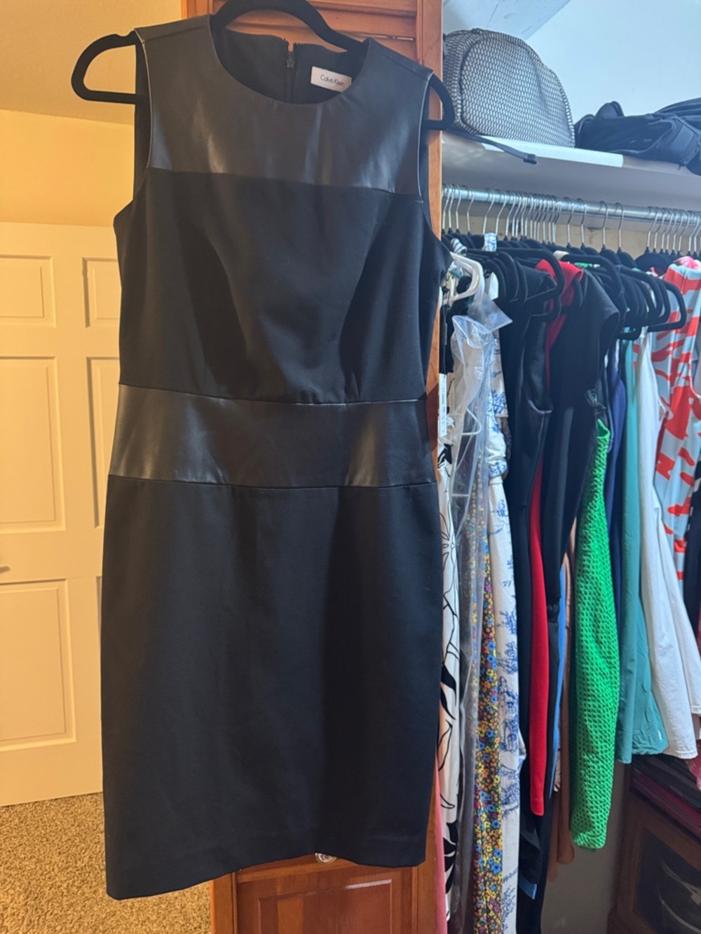 Calvin Klein Black Sleeveless Faux-Leather Trim Mini Dress